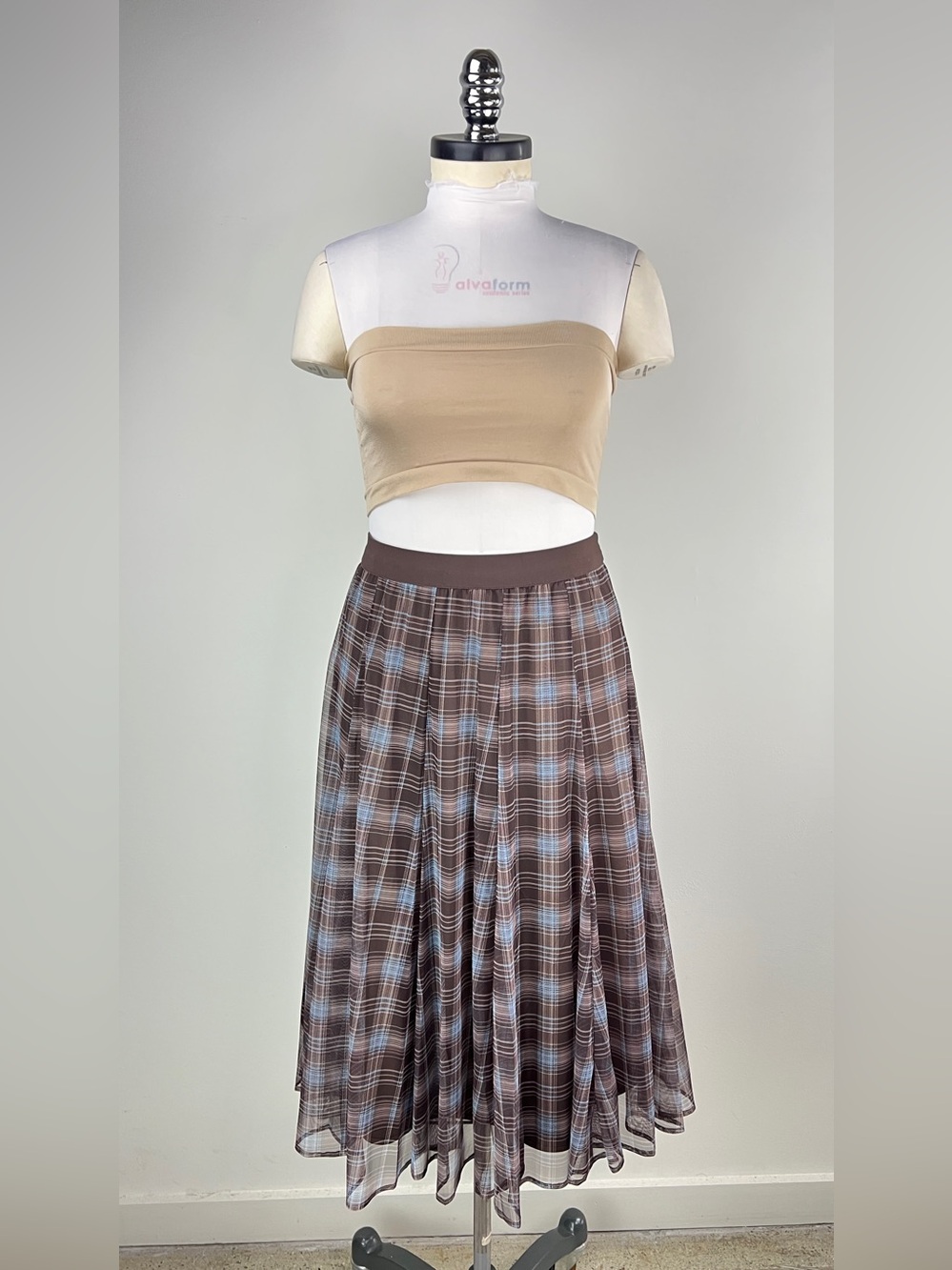 💚 3866. Brown Plaid Midi Mesh Skirt